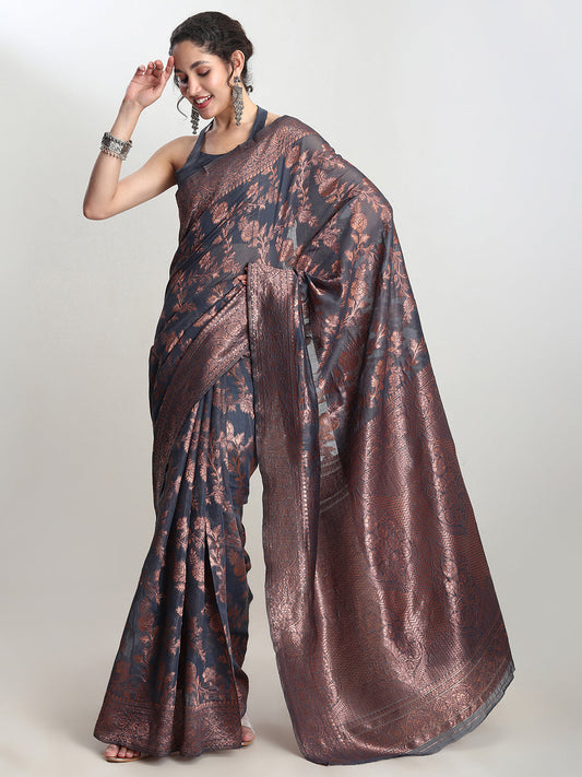 Janasya Grey Silk Blend Floral Jacquard Saree | Swadesiicart