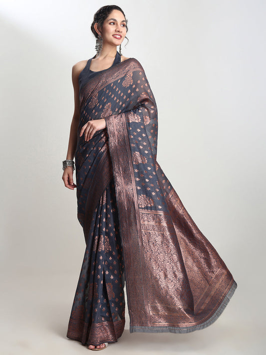 Janasya Grey Silk Blend Floral Jacquard Saree | Swadesiicart