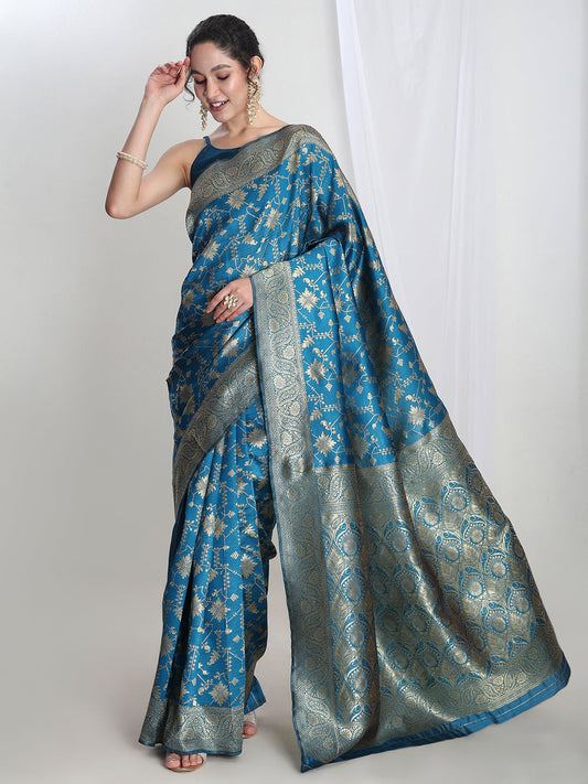Janasya Teal Blue Silk Blend Geometric Jacquard Saree | Swadesiicart