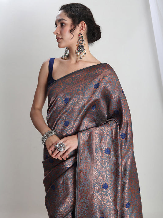 Janasya Grey Silk Blend Floral Jacquard Saree | Swadesiicart