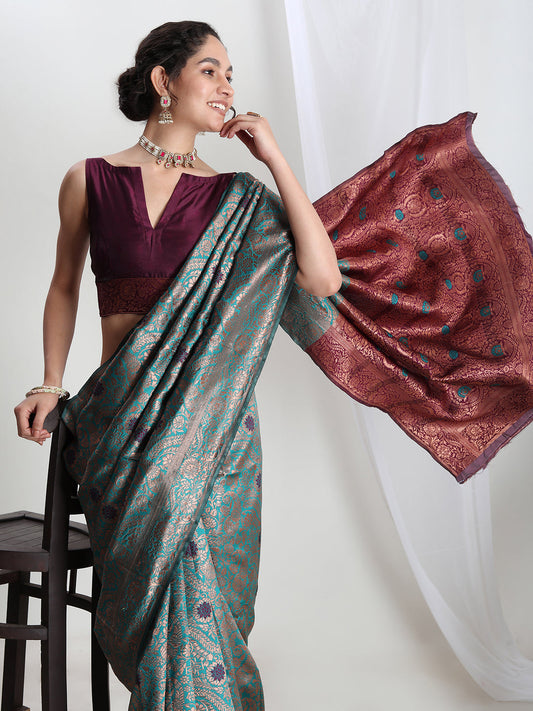 Janasya Sea Green Silk Blend Floral Jacquard Saree | Swadesiicart
