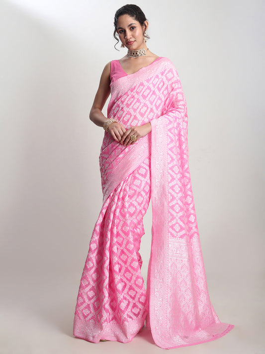 Janasya Pink Silk Blend Floral Jacquard Saree | Swadesiicart
