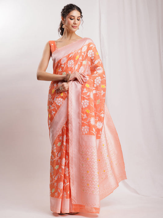 Janasya Peach Silk Blend Floral Jacquard Saree | Swadesiicart