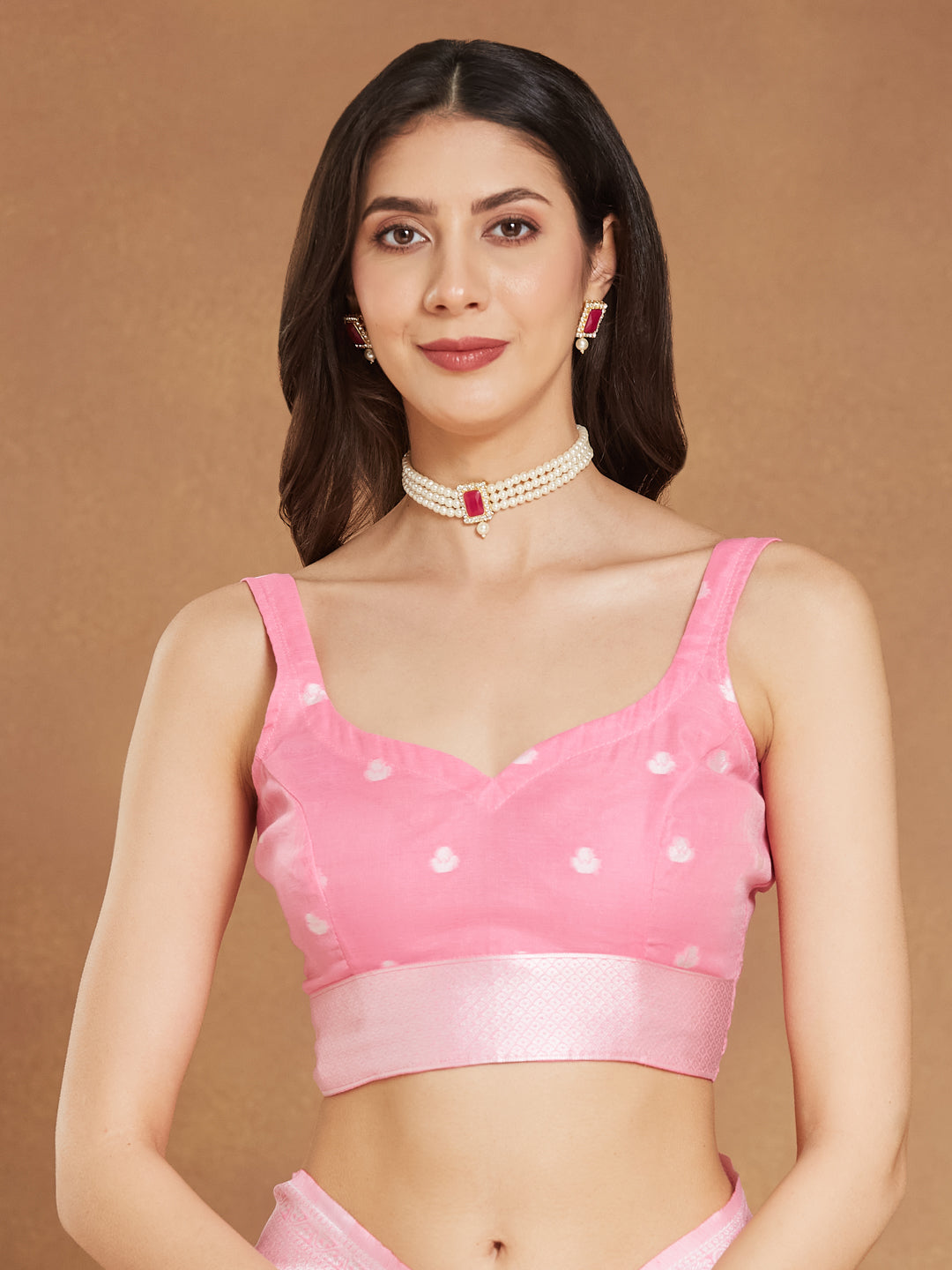 Janasya Light Pink Silk Blend Floral Jacquard Saree | Swadesiicart