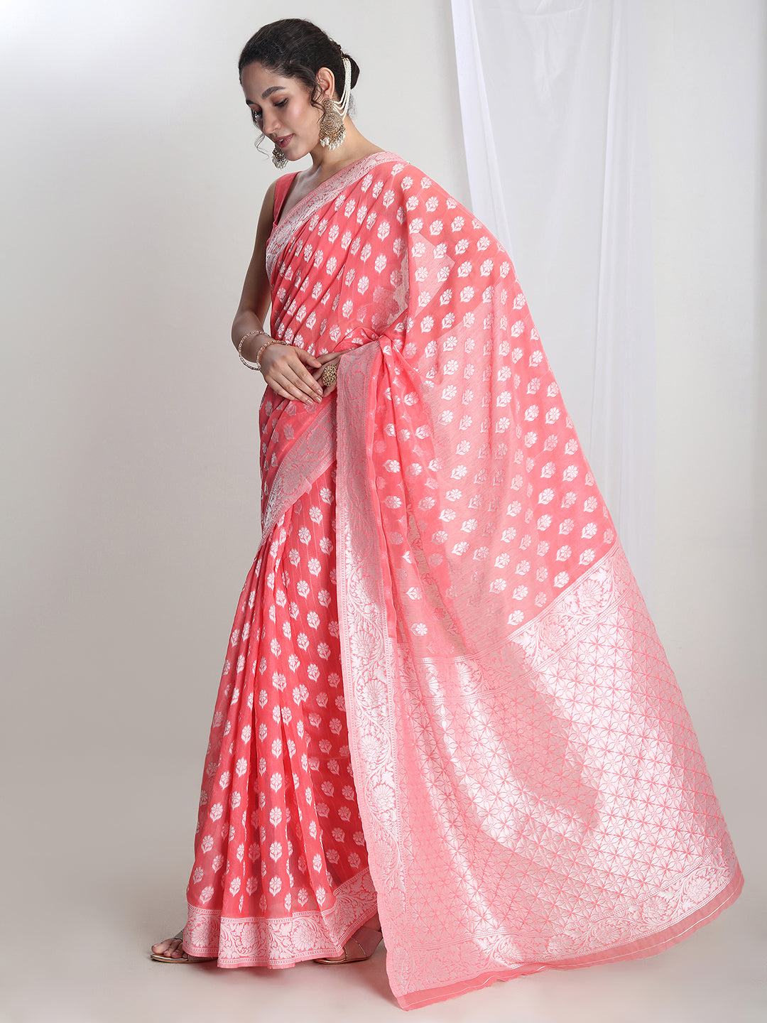 Janasya Coral Silk Blend Floral Jacquard Swadesiicart