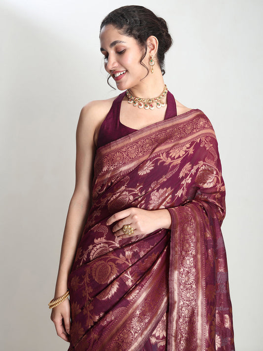 Janasya Purple Silk Blend Floral Jacquard Saree | Swadesiicart
