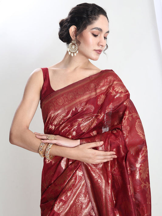 Janasya Red Silk Blend Floral Jacquard Saree | Swadesiicart