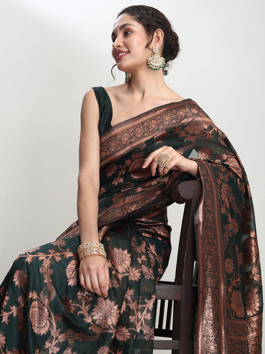 Janasya Dark Green Silk Blend Floral Jacquard Saree | Swadesiicart