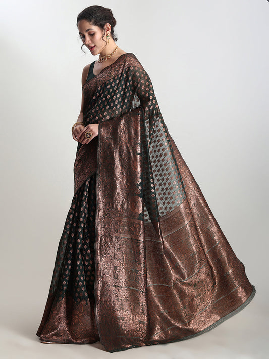 Janasya Dark Green Silk Blend Floral Jacquard Saree | Swadesiicart