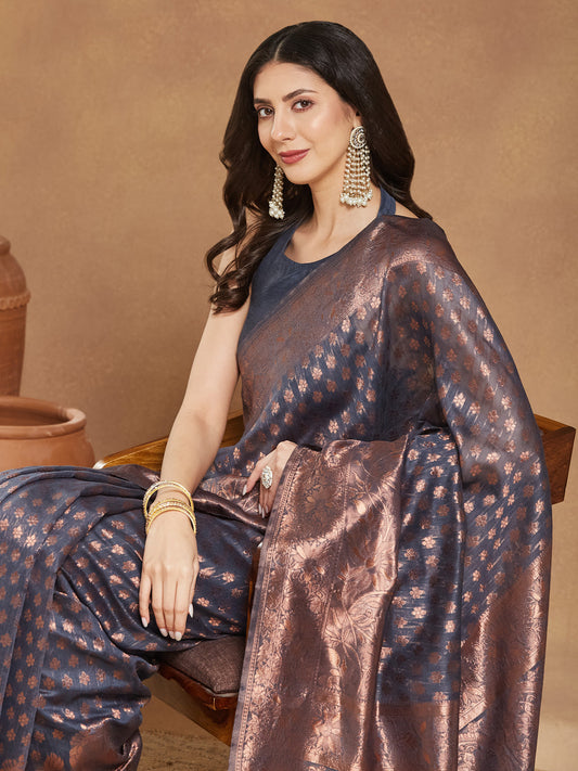 Janasya Dark Grey Silk Blend Floral Jacquard Saree | Swadesiicart