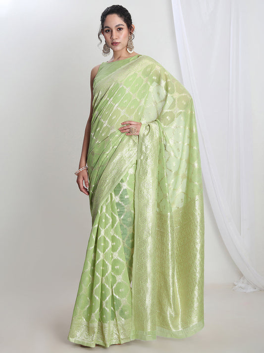 Janasya Light Green Silk Blend Geometric Jacquard Saree | Swadesiicart