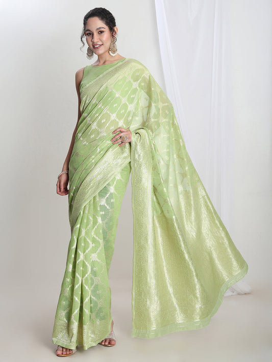 Janasya Light Green Silk Blend Geometric Jacquard Saree | Swadesiicart