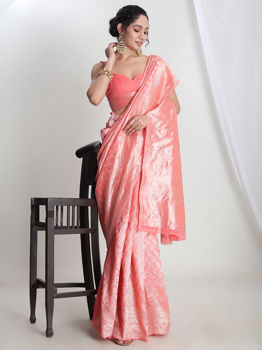 Janasya Peach Silk Blend Leaf Motifs Jacquard Saree | Swadesiicart