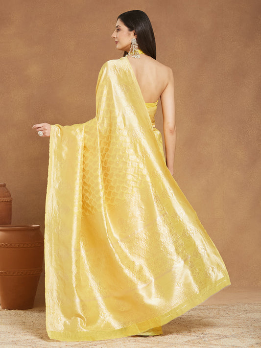 Janasya Yellow Silk Blend Leaf Motifs Jacquard Saree | Swadesiicart