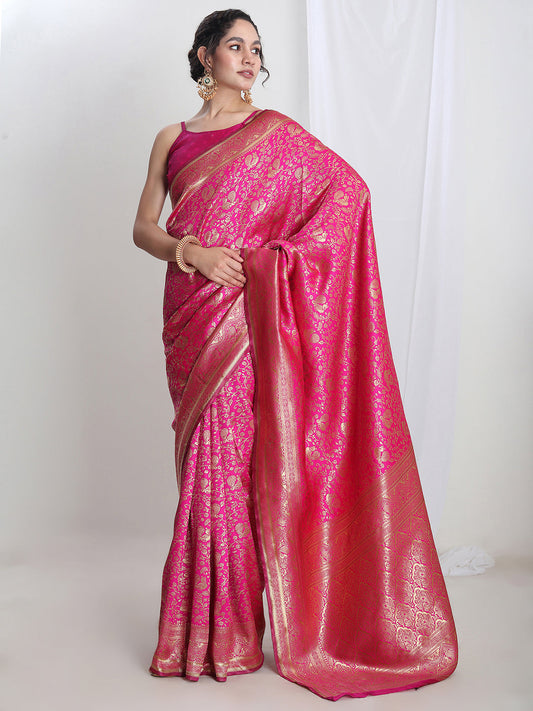 Janasya Pink Silk Blend Floral Jacquard Saree | Swadesiicart