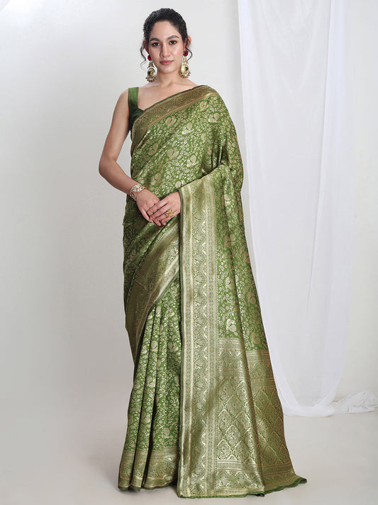 Janasya Green Silk Blend Floral Jacquard Saree | Swadesiicart