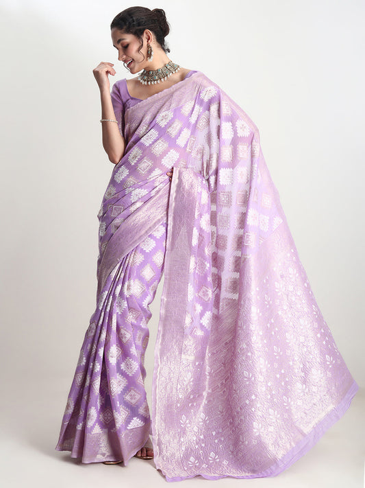 Janasya Lavender Silk Blend Geometric Jacquard Saree | Swadesiicart