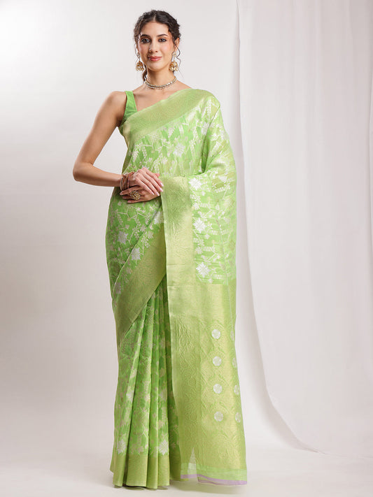 Janasya Green Silk Blend Geometric Jacquard Saree | Swadesiicart