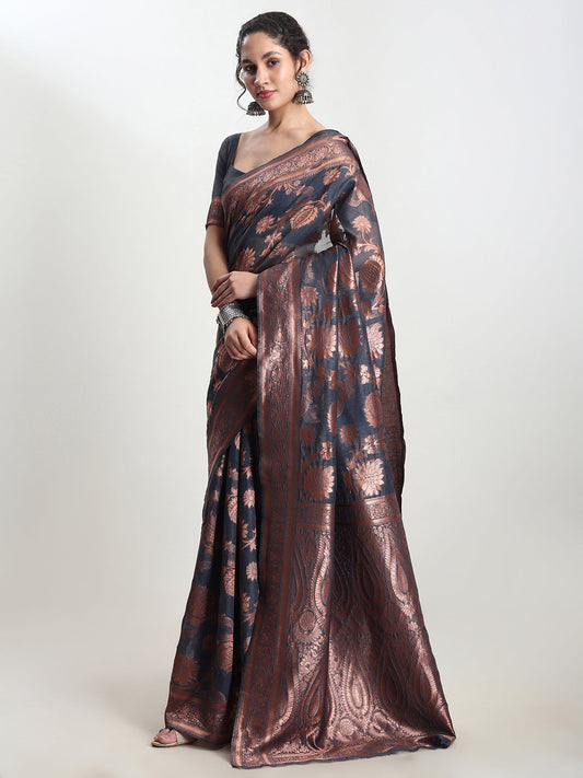 Janasya Dark Grey Silk Blend Floral Jacquard Saree | Swadesiicart