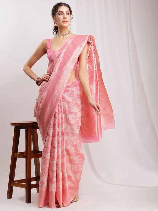 Janasya Peach Silk Blend Geometric Jacquard Saree | Swadesiicart