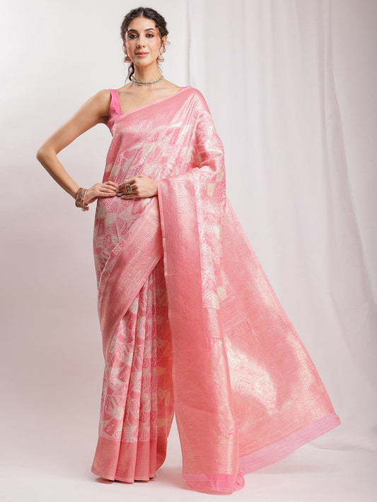 Janasya Peach Silk Blend Geometric Jacquard Saree | Swadesiicart