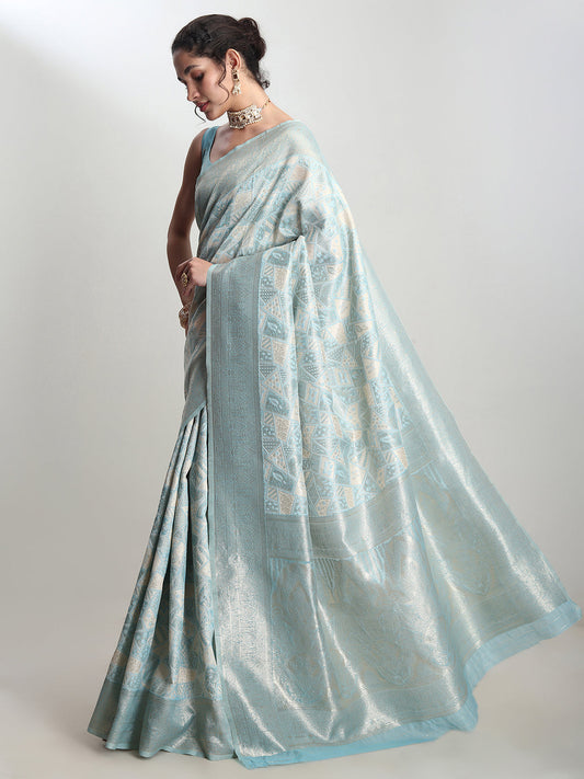 Janasya Sky Blue Silk Blend Geometric Jacquard Saree | Swadesiicart