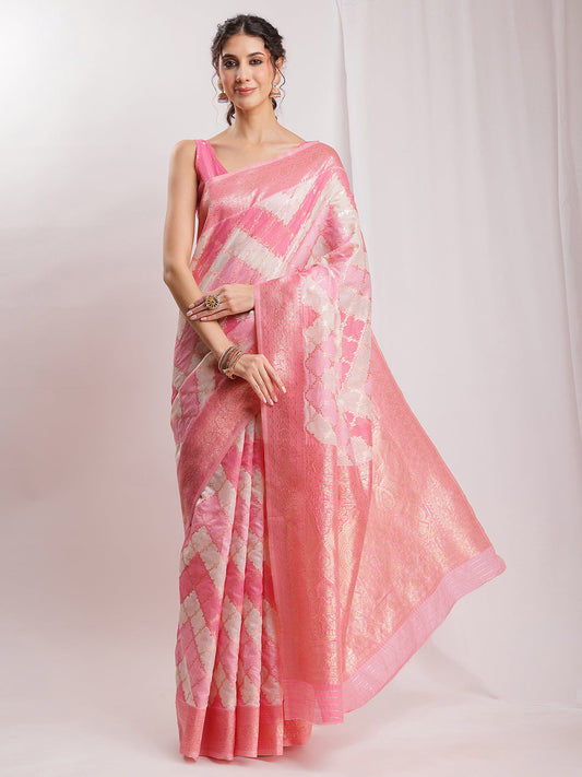 Janasya Peach Silk Blend Geometric Jacquard Saree | Swadesiicart
