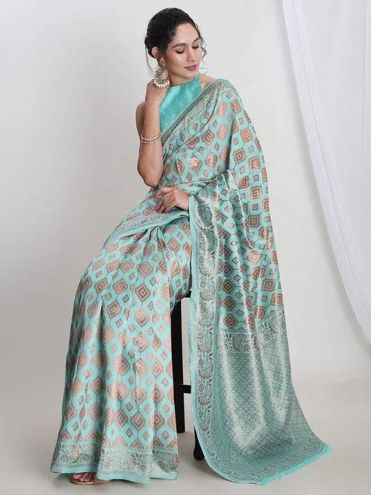 Janasya Light Blue Silk Blend Geometric Jacquard Saree | Swadesiicart