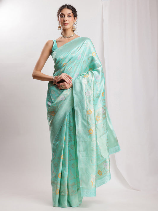 Janasya Sea Green Silk Blend Floral Jacquard Saree | Swadesiicart
