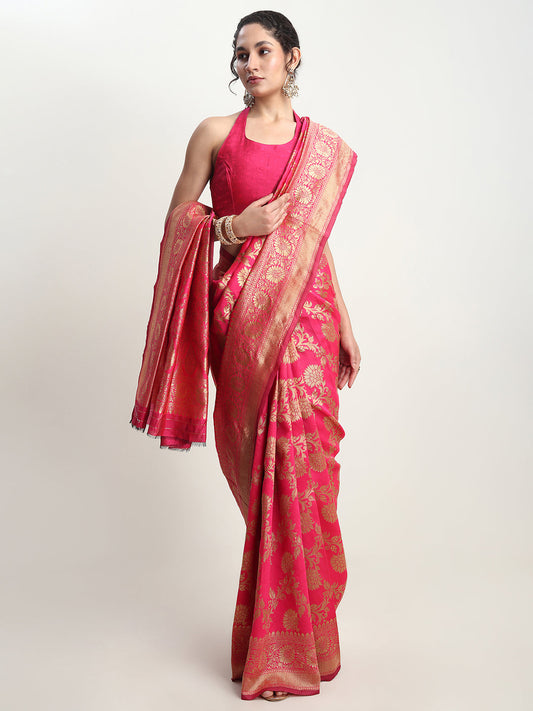 Janasya Pink Silk Blend Floral Jacquard Saree | Swadesiicart