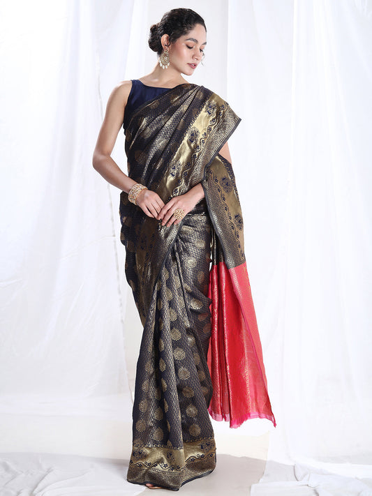 Janasya Navy Blue Silk Blend Ethnic Motifs Jacquard Saree | Swadesiicart