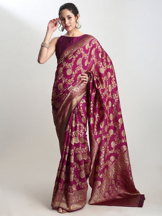 Janasya Purple Silk Blend Floral Jacquard Saree | Swadesiicart