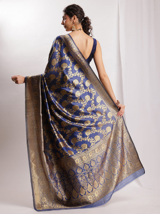 Janasya Navy Blue Silk Blend Floral Jacquard Saree | Swadesiicart
