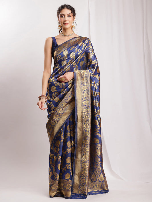 Janasya Navy Blue Silk Blend Floral Jacquard Saree | Swadesiicart