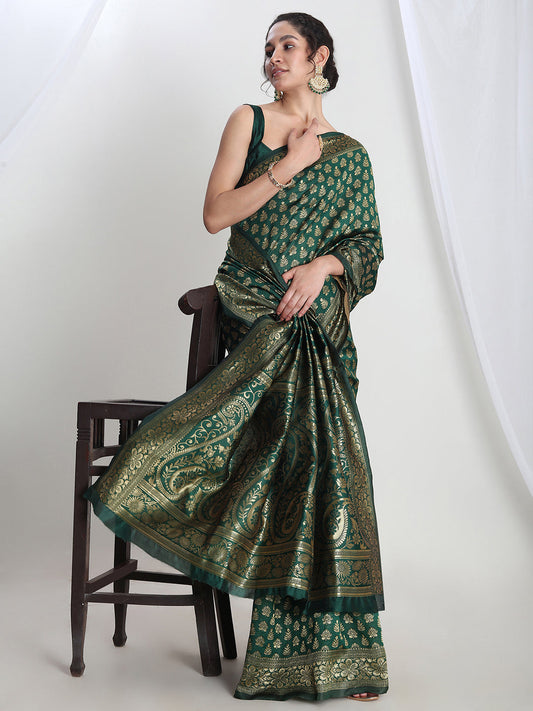 Janasya Dark Green Silk Blend Floral Jacquard Saree | Swadesiicart
