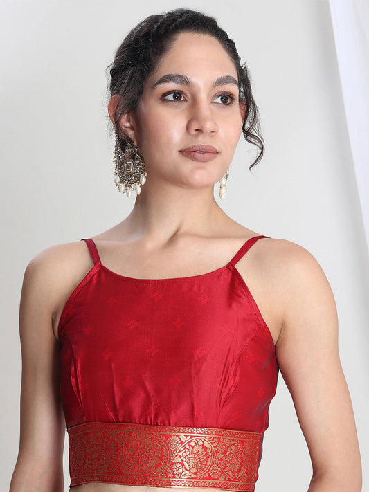 Janasya Red Silk Blend Floral Jacquard Saree | Swadesiicart