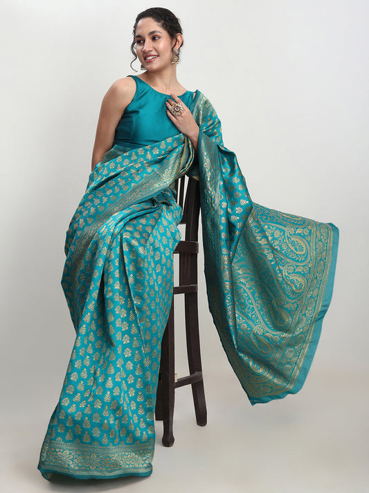 Janasya Turquoise Silk Blend Ethnic Motifs Jacquard Saree | Swadesiicart