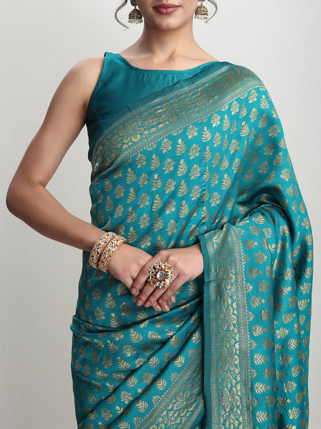 Janasya Turquoise Silk Blend Ethnic Motifs Jacquard Saree | Swadesiicart