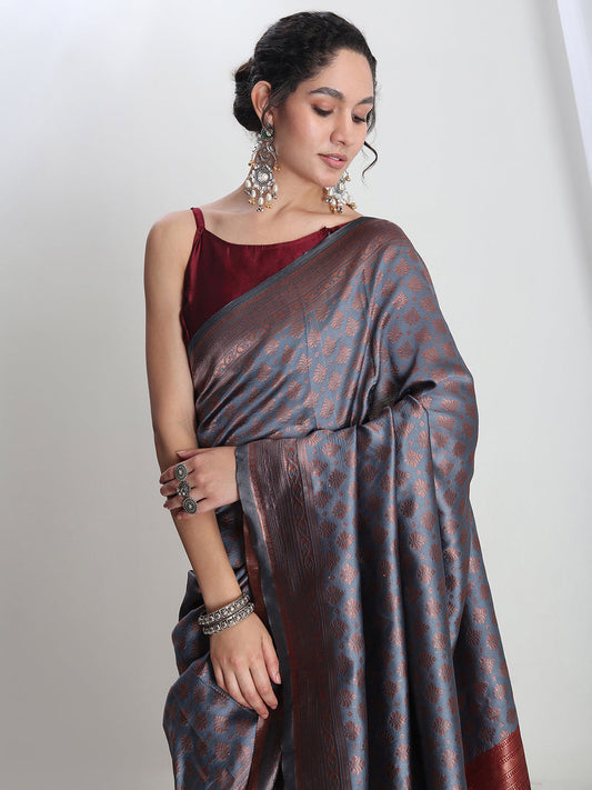Janasya Grey Silk Blend Ethnic Motifs Jacquard Saree | Swadesiicart