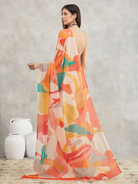 Janasya Multicolor Georgette Abstract Printed Saree | Swadesiicart