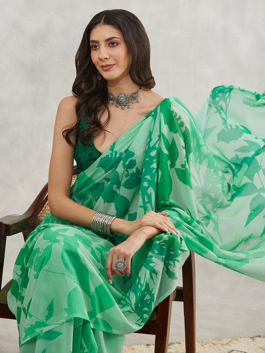 Janasya Green Georgette Abstract Printed Saree | Swadesiicart