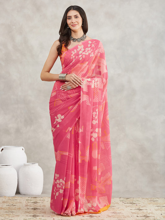 Janasya Pink Georgette Geometric Printed Saree | Swadesiicart