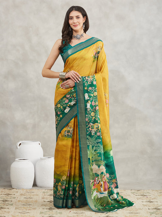 Janasya Mustard Silk Blend Ethnic Motifs Printed Saree | Swadesiicart