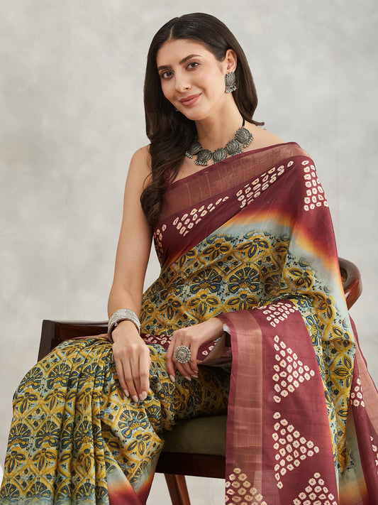 Janasya Yellow Silk Blend Ethnic Motifs Printed Saree | Swadesiicart