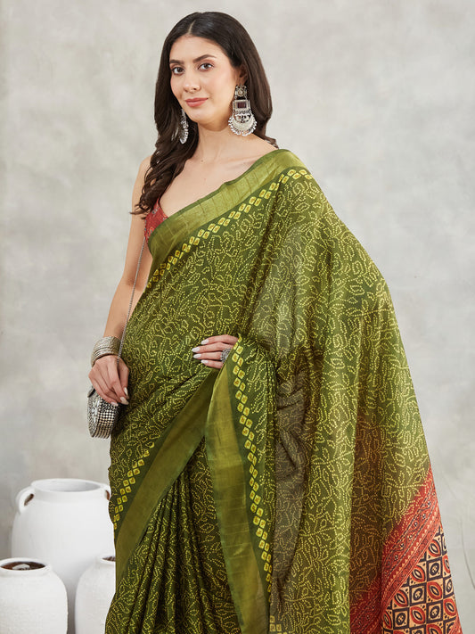 Janasya Mehndi Green Silk Blend Bandhani Printed Saree | Swadesiicart