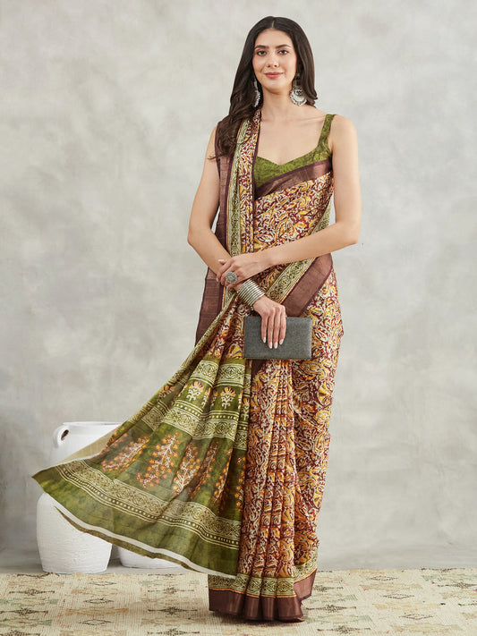 Janasya Burgundy Silk Blend Paisley Printed Saree | Swadesiicart