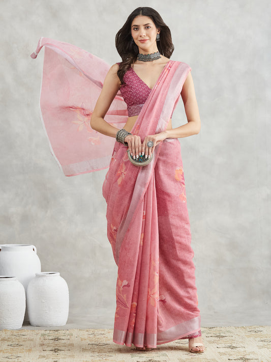 Janasya Mauve Linen Blend Floral Printed Saree | Swadesiicart