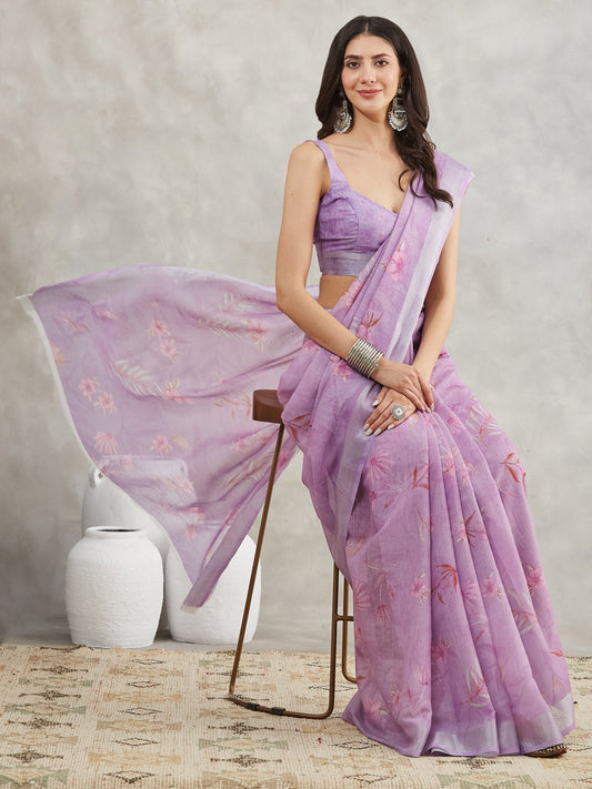 Janasya Lavender Linen Blend Floral Printed Saree | Swadesiicart