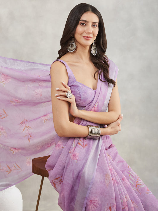 Janasya Lavender Linen Blend Floral Printed Saree | Swadesiicart