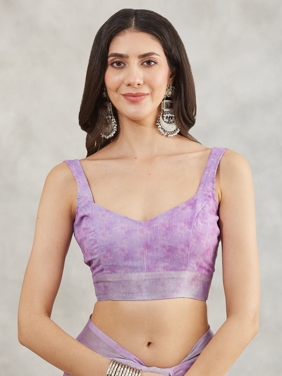Janasya Lavender Linen Blend Floral Printed Saree | Swadesiicart